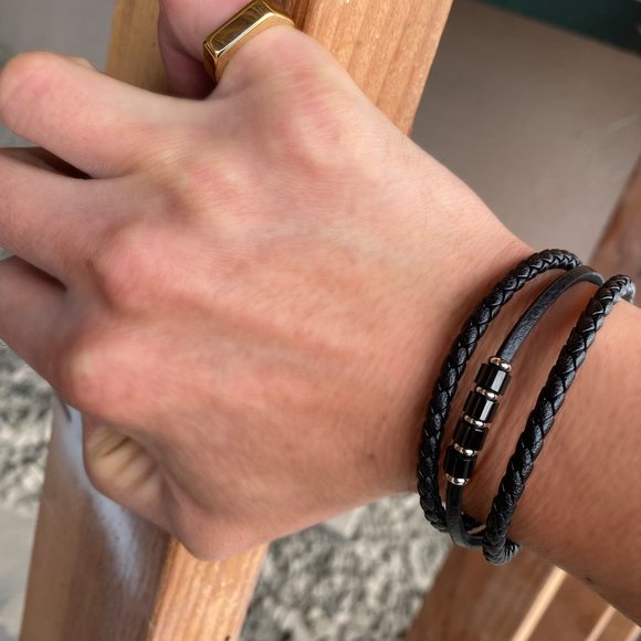 Men's Leather Bracelet, Black Leather Bracelet, Bracelet for Men, Men's Bracelet - Picture 7 of 9